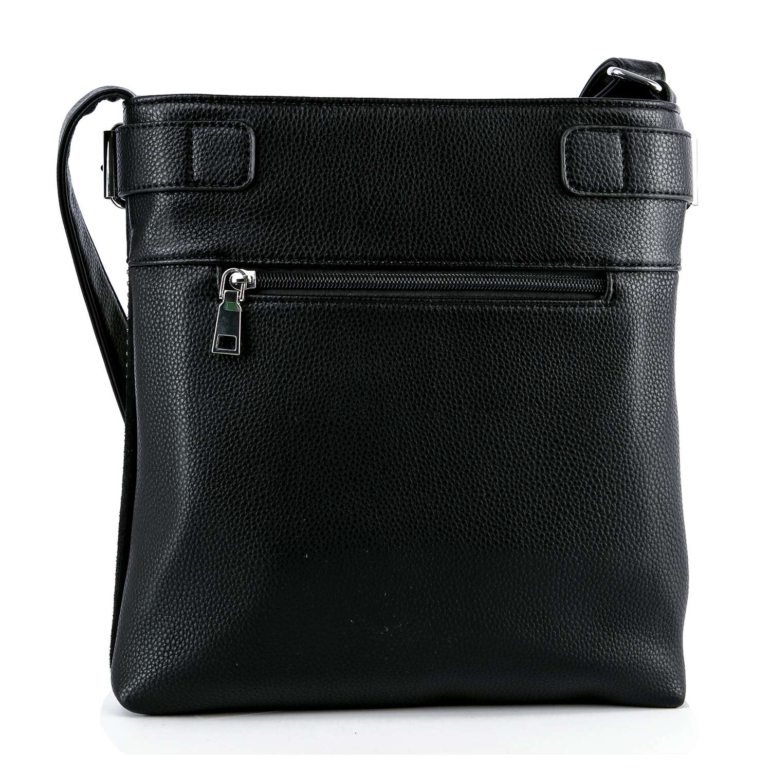 The Bold Rhinestone Accent Crossbody Sling features black faux leather, an adjustable strap, a silver zipper pocket on the front, and a textured finish, shown against a white background.