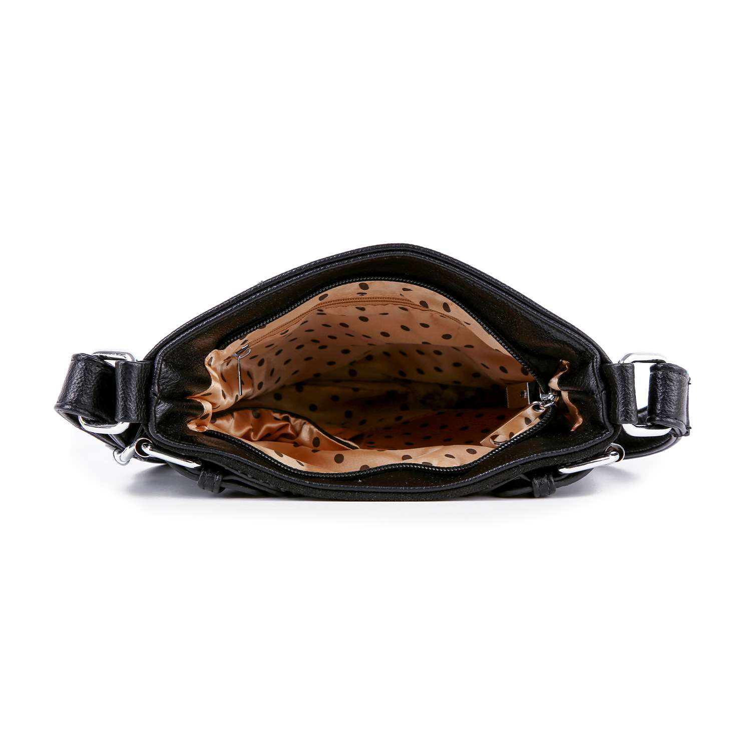 The Bold Rhinestone Accent Crossbody Sling is a black faux leather handbag with an adjustable strap. Viewed from above, its open top reveals a beige polka dot interior lining and multiple compartments.