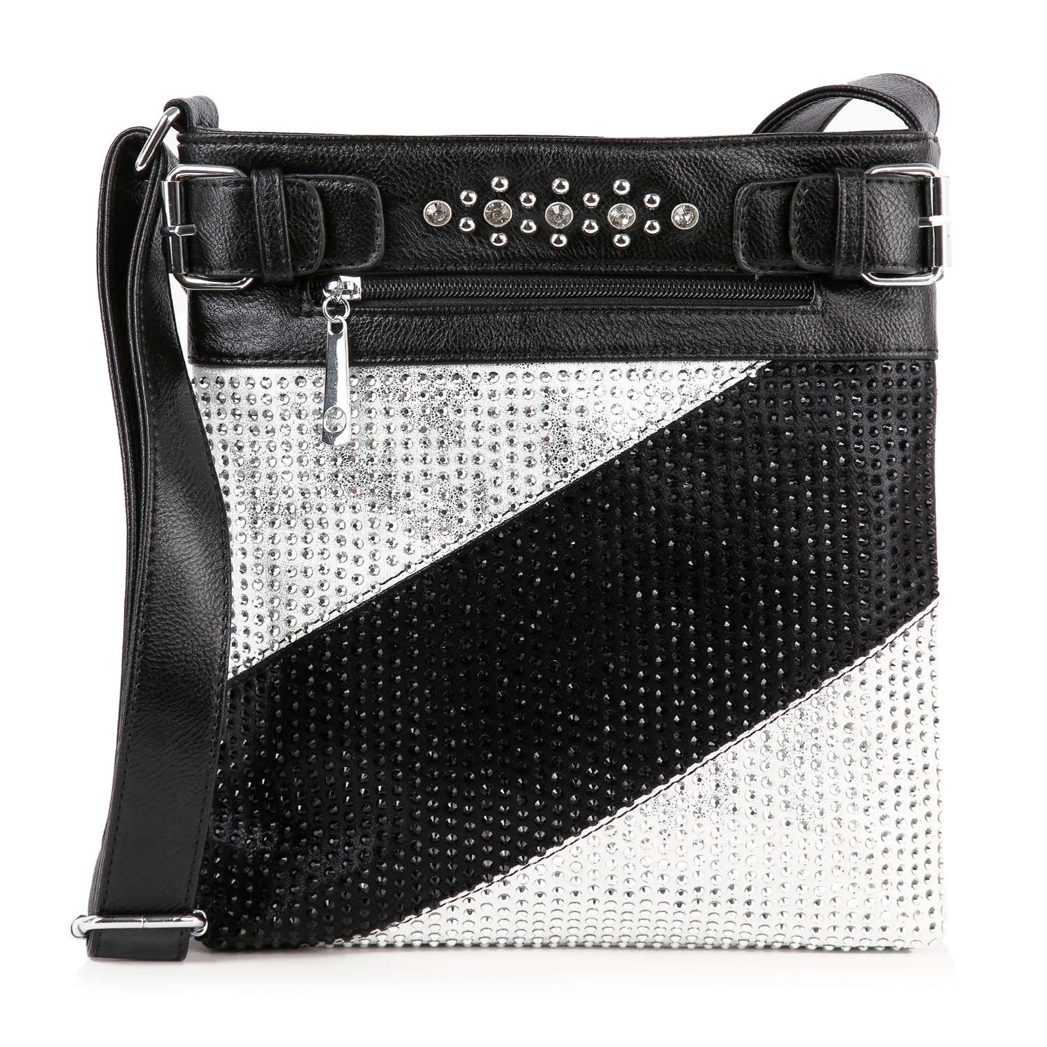 The Bold Rhinestone Accent Crossbody Sling is a square black and silver faux leather bag with a diagonal black stripe, rhinestone accents, a front zip pocket, and an adjustable strap.