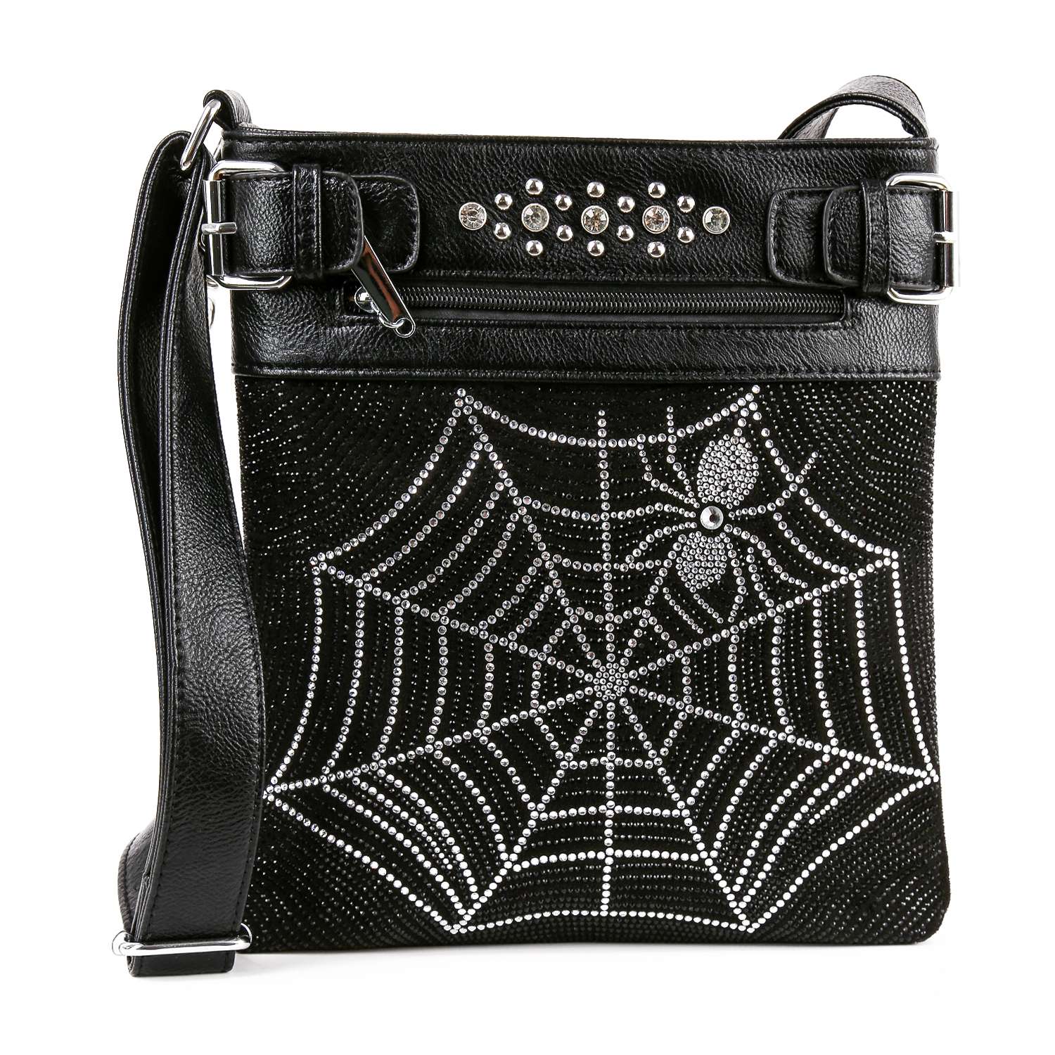 The Rhinestone Spider Web Crossbody Sling is a black faux leather bag with a spider web and spider design, adorned with rhinestones and silver hardware accents on the top flap and strap.