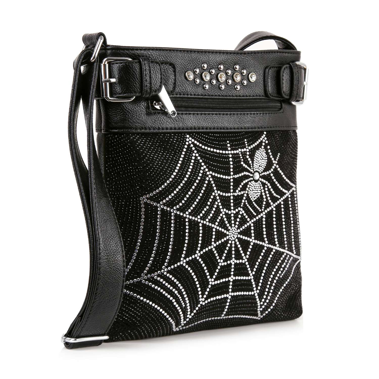 The Rhinestone Spider Web Crossbody Sling is a black faux leather bag adorned with sparkling rhinestones in a spider and web design, featuring silver accents, studded details near the top, and a long shoulder strap.