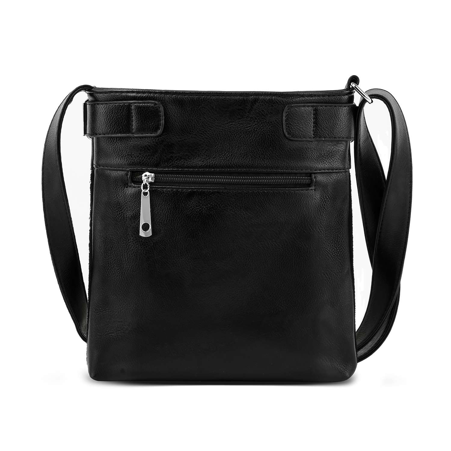 The Rhinestone Spider Web Crossbody Sling, featuring a black faux leather finish, a long strap, and a front zippered pocket, is displayed against a white background.