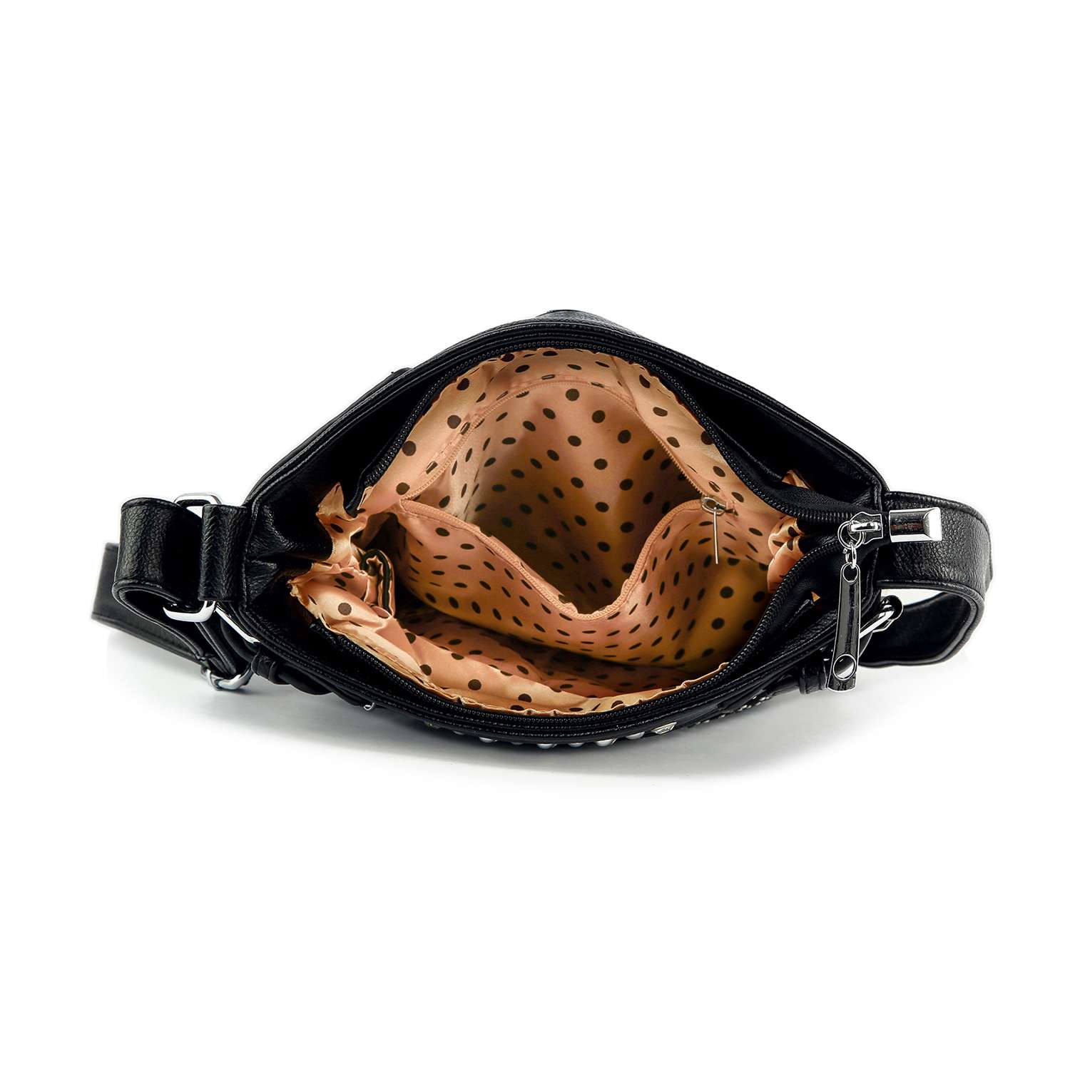 The Rhinestone Spider Web Crossbody Sling is photographed from above on a white background, showing its open design with a beige polka-dot interior, multiple inner pockets, and a visible shoulder strap.