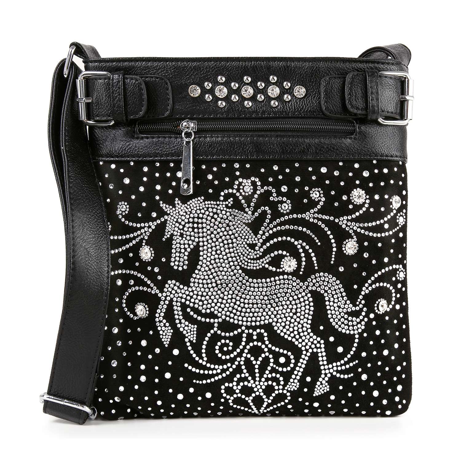The Rhinestone Bling Stallion Crossbody Sling is a black faux leather bag with silver studs forming a unicorn and swirling designs, extra studs on the top trim, and a zippered pocket.