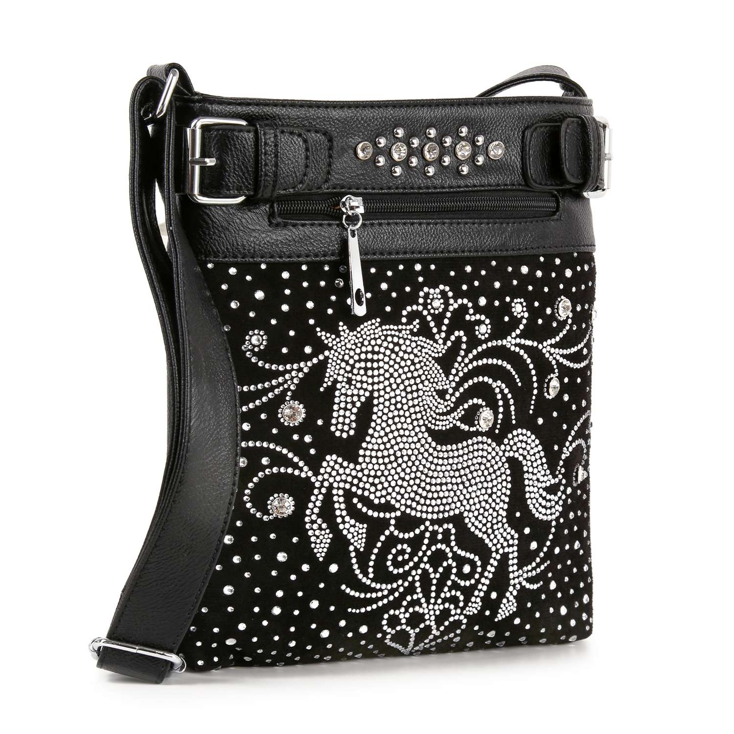 The Rhinestone Bling Stallion Crossbody Sling is a black faux leather bag with silver studs, rhinestones, a prancing horse design on the front, and a zippered pocket near the top.