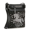 The Rhinestone Bling Stallion Crossbody Sling is a black faux leather bag with silver studs, rhinestones, a prancing horse design on the front, and a zippered pocket near the top.