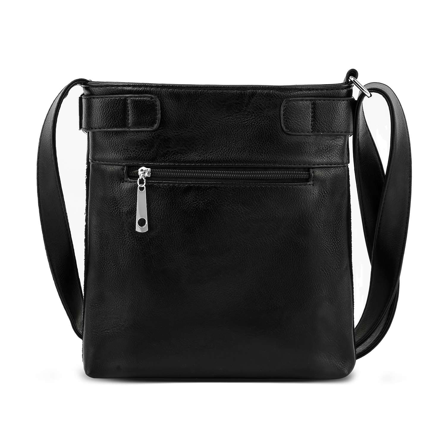 The Rhinestone Bling Stallion Crossbody Sling, a black faux leather bag with a front zippered pocket and adjustable strap, features a simple western design and is displayed against a white background.