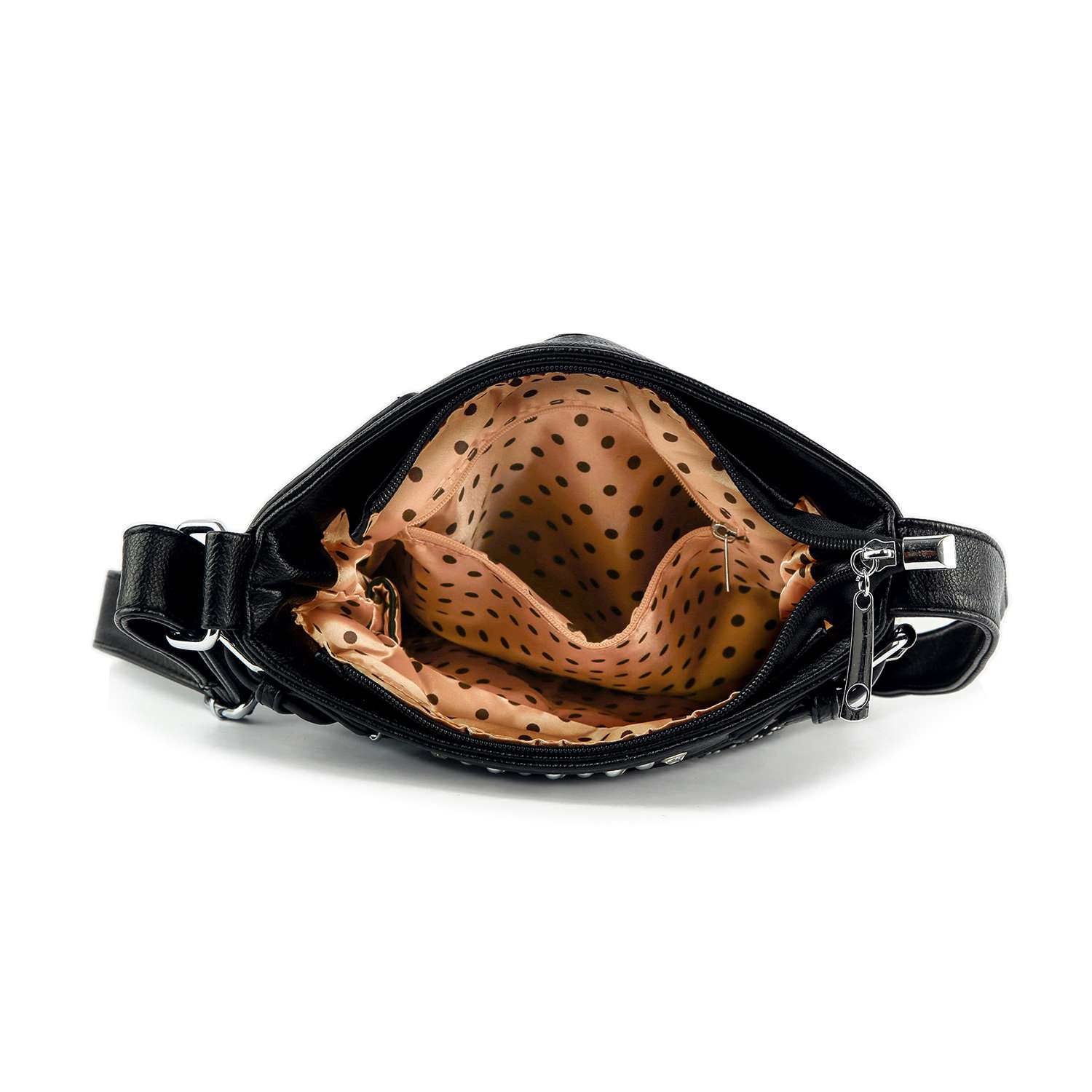 The Rhinestone Bling Stallion Crossbody Sling is shown from above with its top zipper open, revealing a beige lining with black polka dots and several inner pockets.