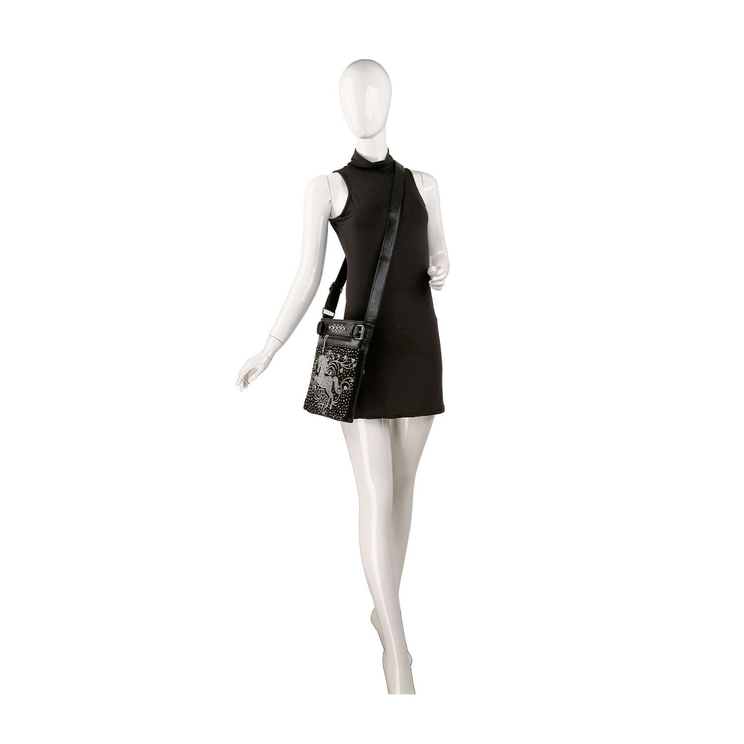 A mannequin displays a sleeveless black mini dress paired with the Rhinestone Bling Stallion Crossbody Sling, featuring a patterned front panel, set against a plain white background.