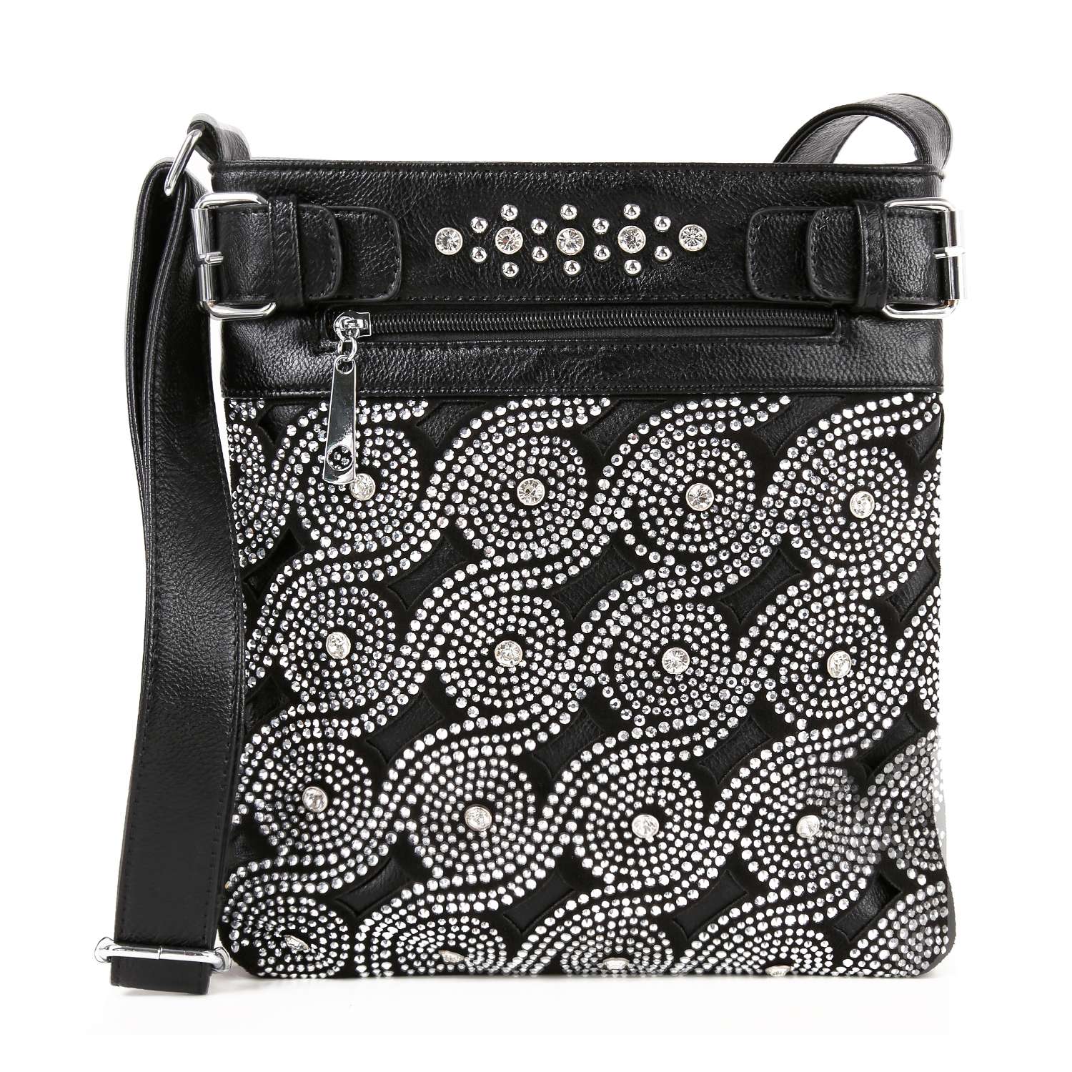 The Stunning Patterned Designed Crossbody Sling is a black faux leather bag with a front zipper pocket, circular silver studs in a swirling geometric pattern, decorative top studs, and an adjustable strap for comfort.