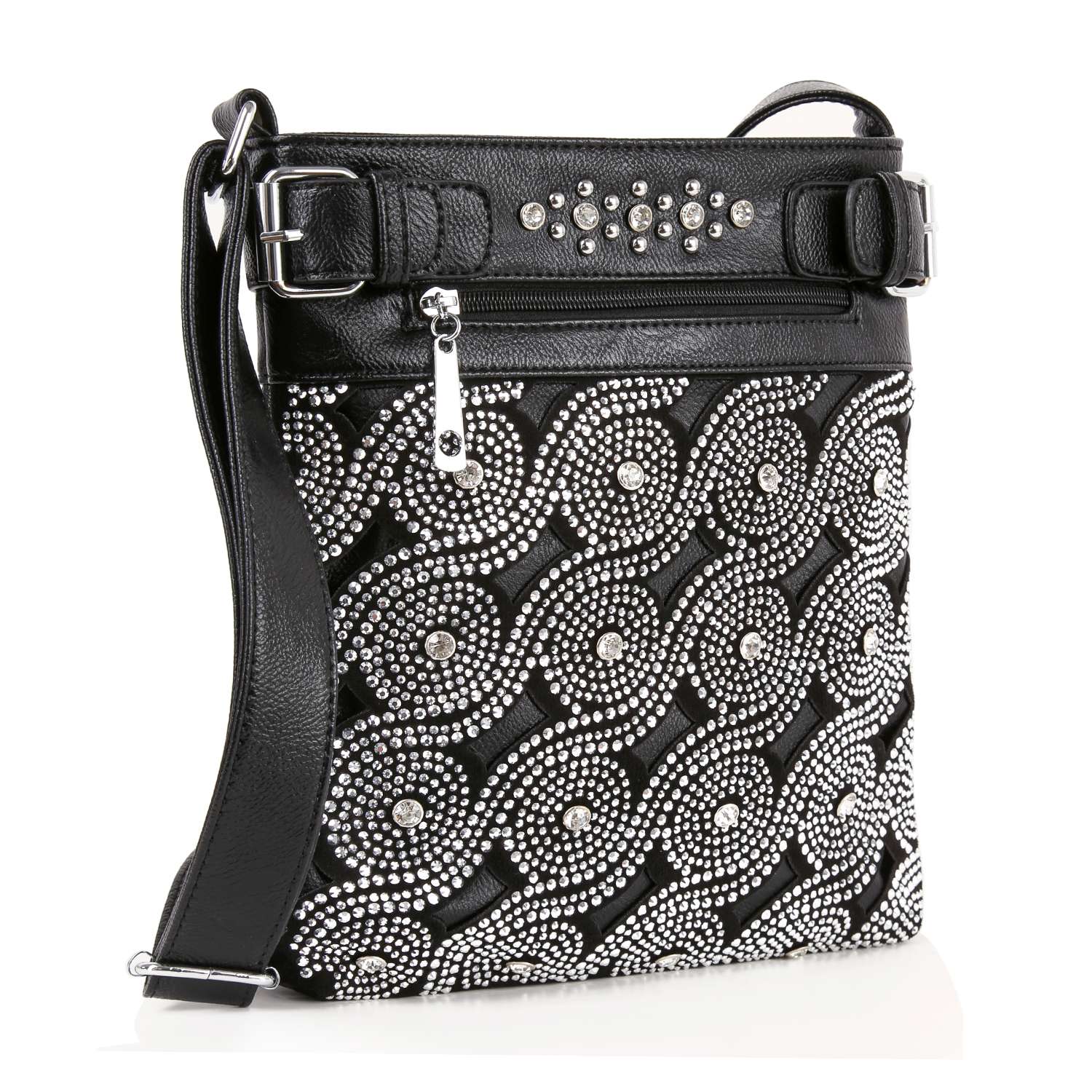The Stunning Patterned Designed Crossbody Sling features a wide adjustable strap, front zipper pocket, and detailed swirling silver studs and rhinestones for a stylish faux leather look.