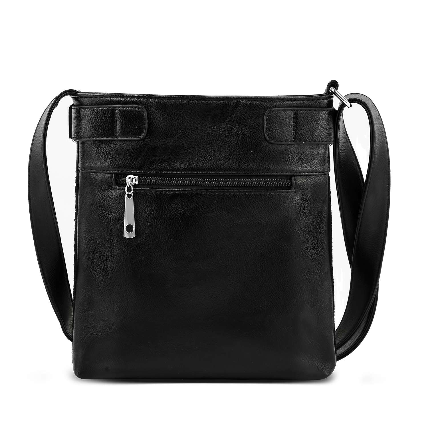 The Stunning Patterned Designed Crossbody Sling features a sleek, minimalist look with black faux leather, a long adjustable strap, and a front zippered pocket.