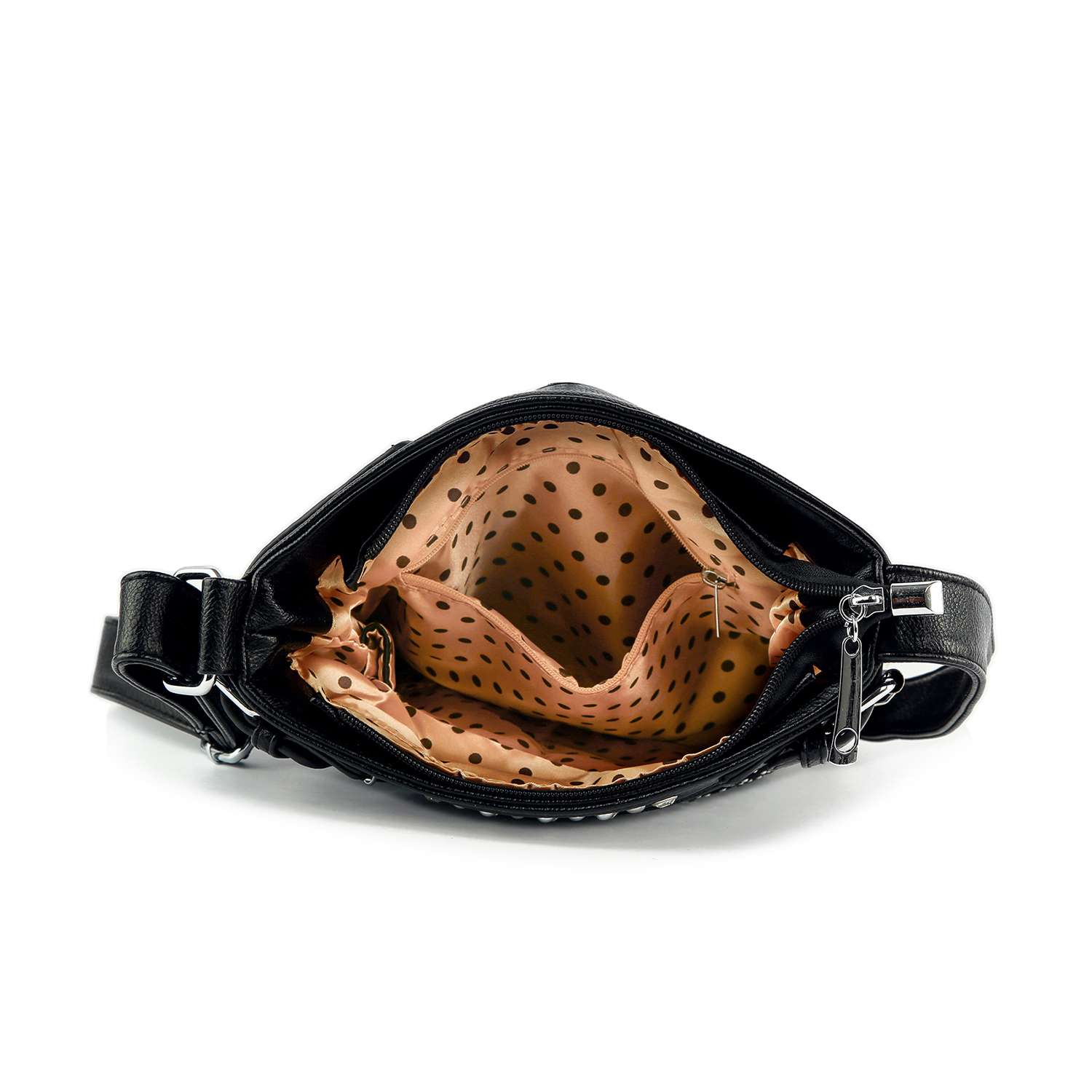 The Stunning Patterned Designed Crossbody Sling in black faux leather is open to show its light brown polka dot lining, multiple interior pockets, and organized compartments, viewed from above on a white background.