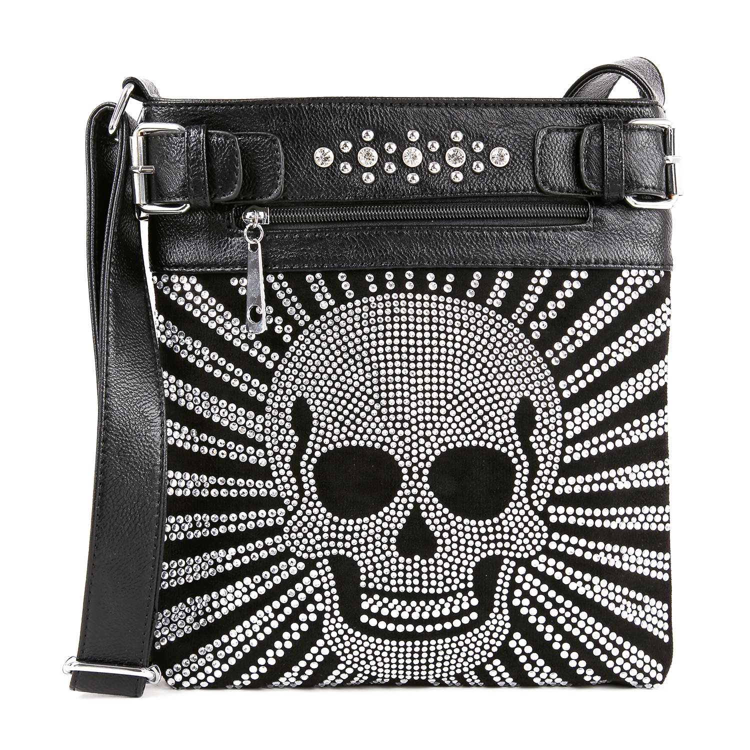 The Dazzling Skull Design Crossbody Sling features a bold rhinestone skull with radiating silver studs on faux leather, plus a zippered pocket and studded trim for extra flair.