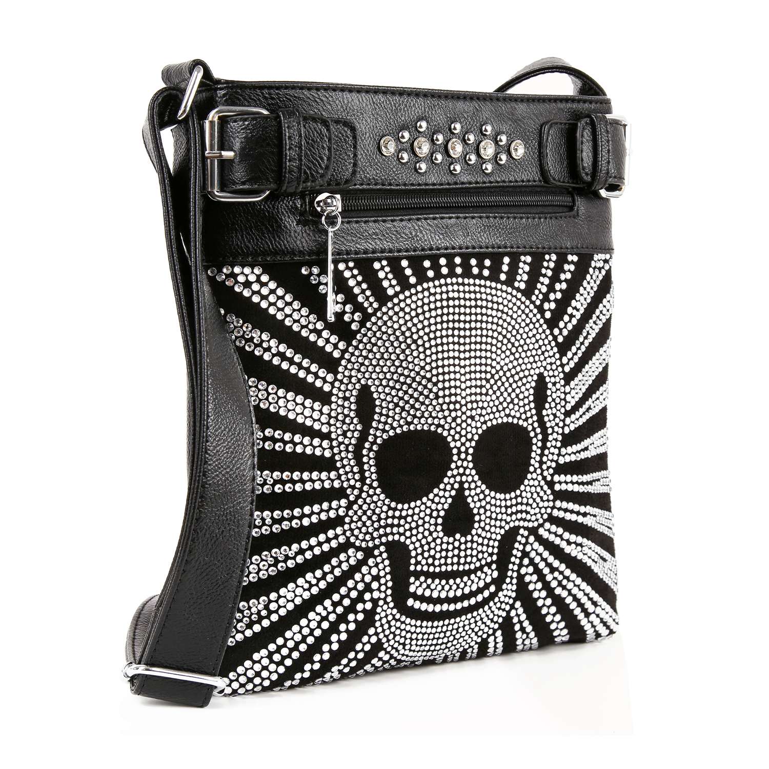 The Dazzling Skull Design Crossbody Sling is a black faux leather bag with silver skull and beam studs, a zippered pocket, buckle detail, and a studded strap accent.