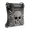 The Dazzling Skull Design Crossbody Sling is a black faux leather bag with silver skull and beam studs, a zippered pocket, buckle detail, and a studded strap accent.