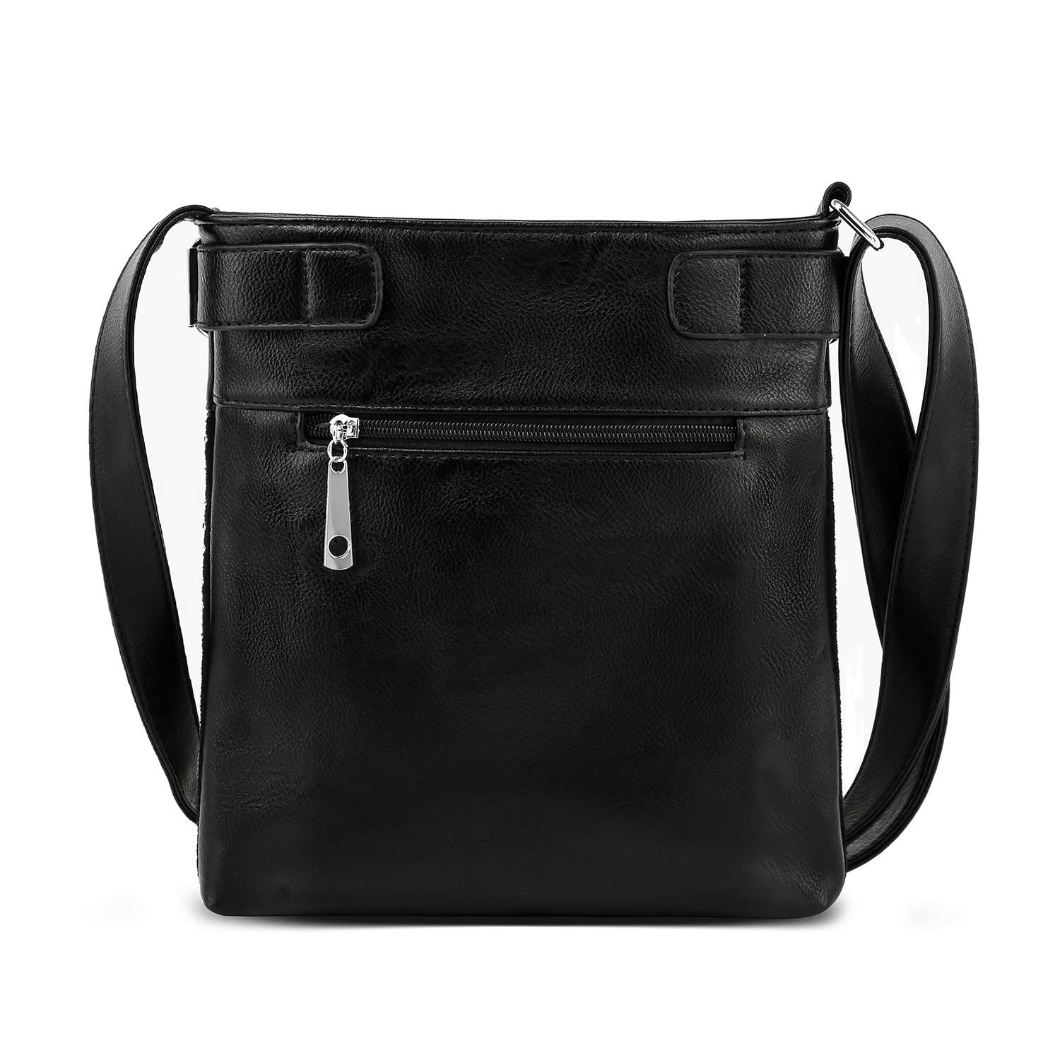 The Dazzling Skull Design Crossbody Sling is a black faux leather bag featuring skull accents near the top, a front zippered pocket, and an adjustable shoulder strap, displayed on a plain white background.