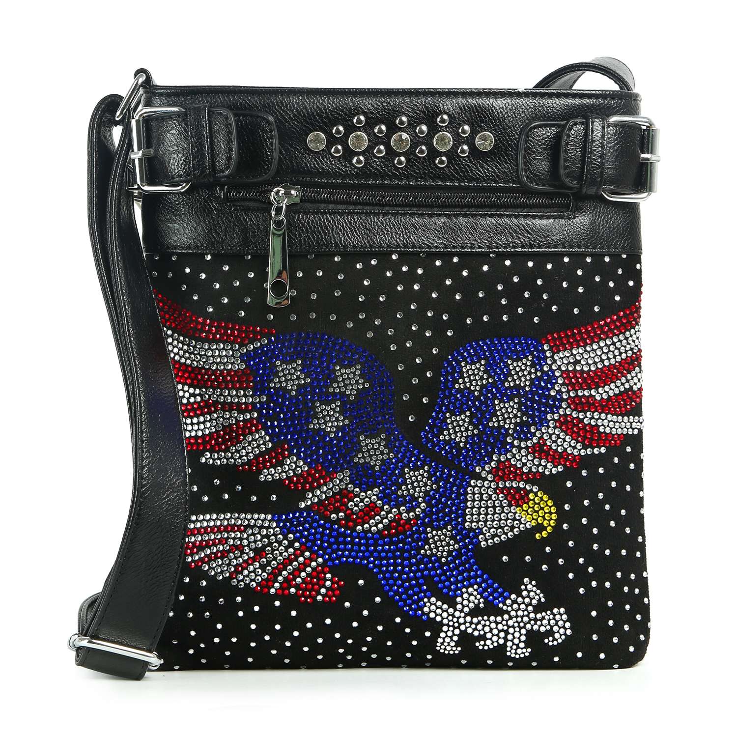 The Patriotic Eagle Bling Crossbody Bag is a black bag with rhinestones, a colorful bald eagle design, silver studs, a zippered pocket, and a studded faux leather strap for stylish patriotic flair.
