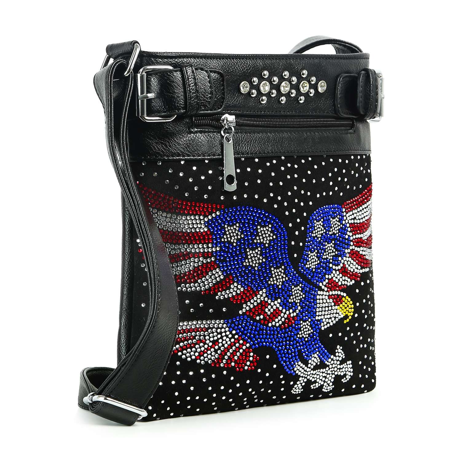 The Patriotic Eagle Bling Crossbody Bag is a black faux leather handbag with a rhinestone eagle design—blue wings, red accents, white stars—plus front zipper, silver studs, and a decorative buckle near the strap.