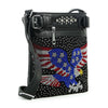 The Patriotic Eagle Bling Crossbody Bag is a black faux leather handbag with a rhinestone eagle design—blue wings, red accents, white stars—plus front zipper, silver studs, and a decorative buckle near the strap.