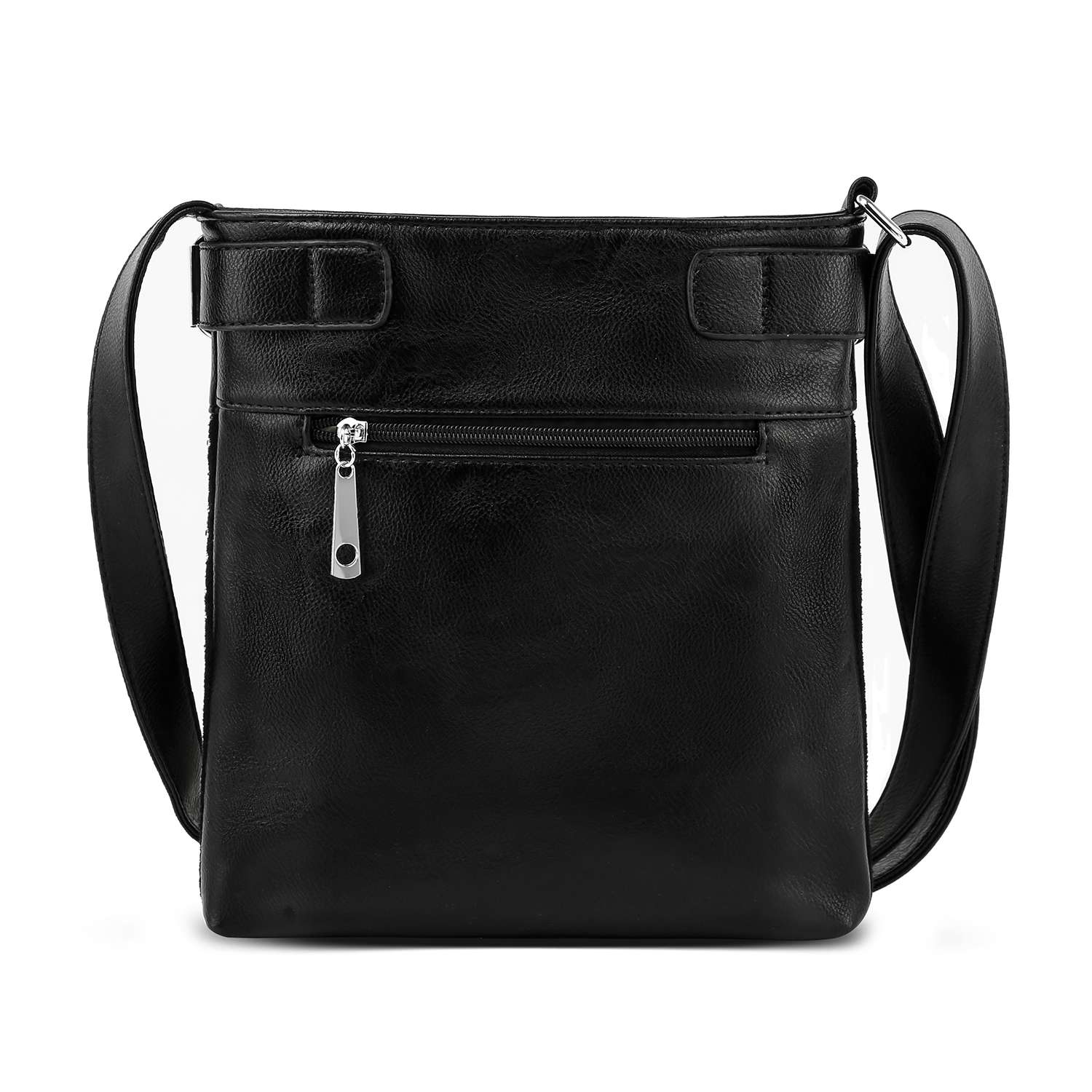 The Patriotic Eagle Bling Crossbody Bag features a black faux leather body, a long adjustable strap, a front zippered pocket with silver zipper pull, and a sleek minimalist style, shown against a white background.