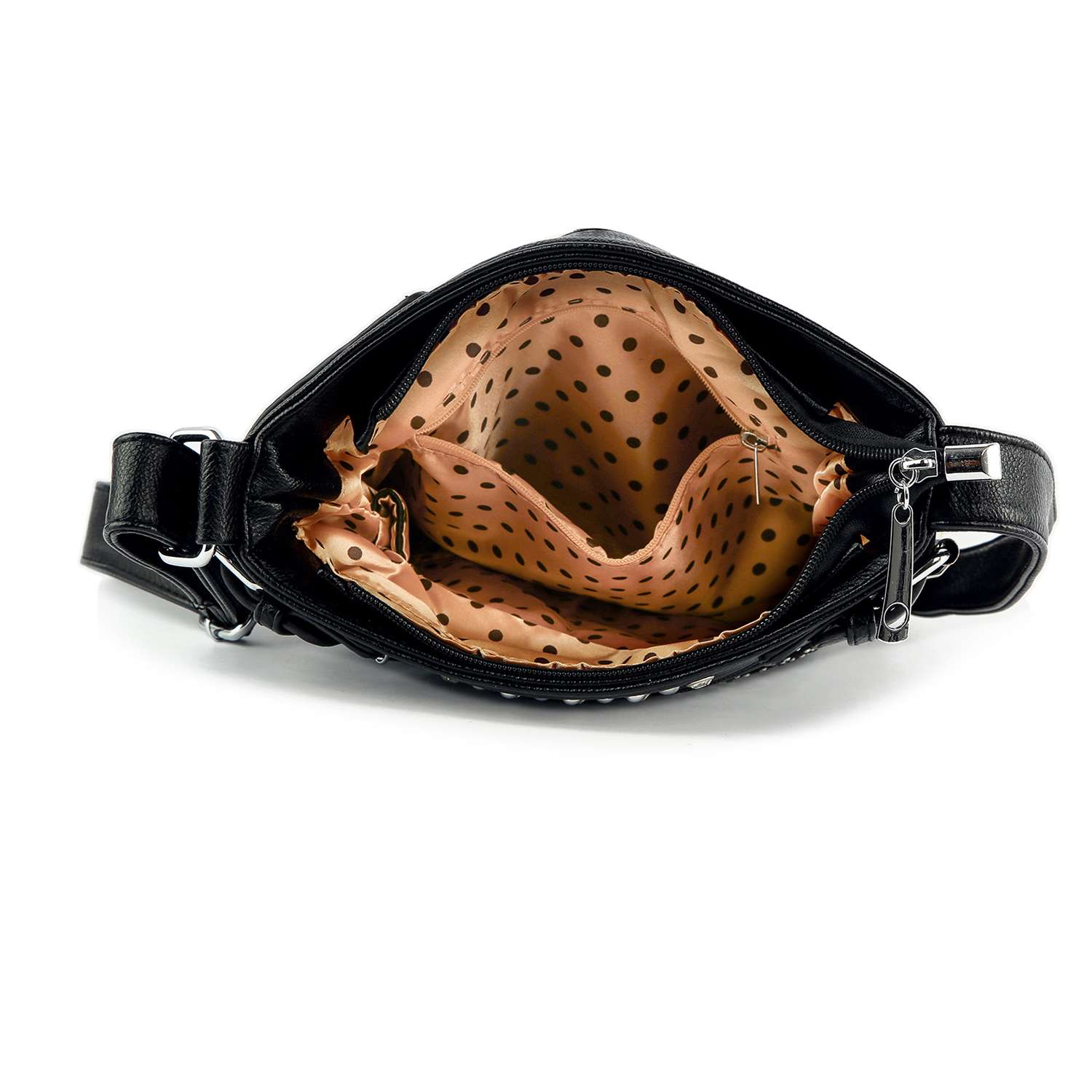 Top view of the Patriotic Eagle Bling Crossbody Bag shows a beige interior lining with black polka dots and multiple inner pockets inside the black faux leather handbag.