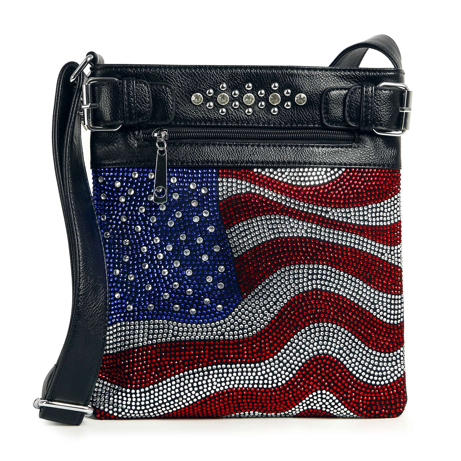 The Wavy Flag Rhinestone Design Crossbody is a black faux leather purse with a red, white, and blue American flag pattern, rhinestone accents, a zippered pocket, and studded strap—perfect for patriotic style.