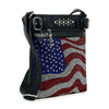 The Wavy Flag Rhinestone Design Crossbody is a black faux leather handbag with a rhinestone flag on the front, black strap, buckle accents, and silver studs—making it the perfect stylish patriotic purse.