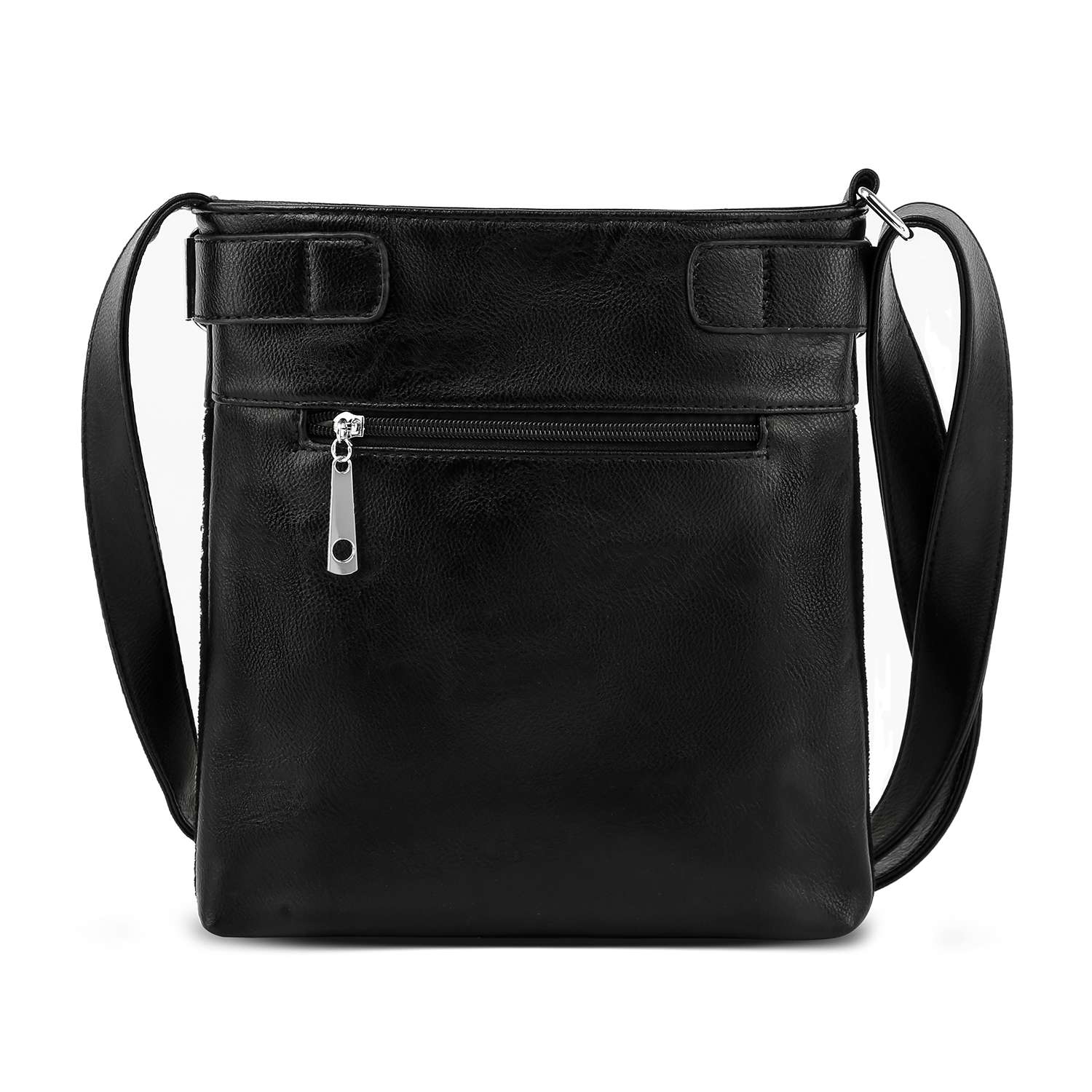 The Wavy Flag Rhinestone Design Crossbody, a black faux leather bag with a single shoulder strap, top zipper closure, and front zip pocket, is shown on a white background—a stylish crossbody ideal for subtle patriotic flair.