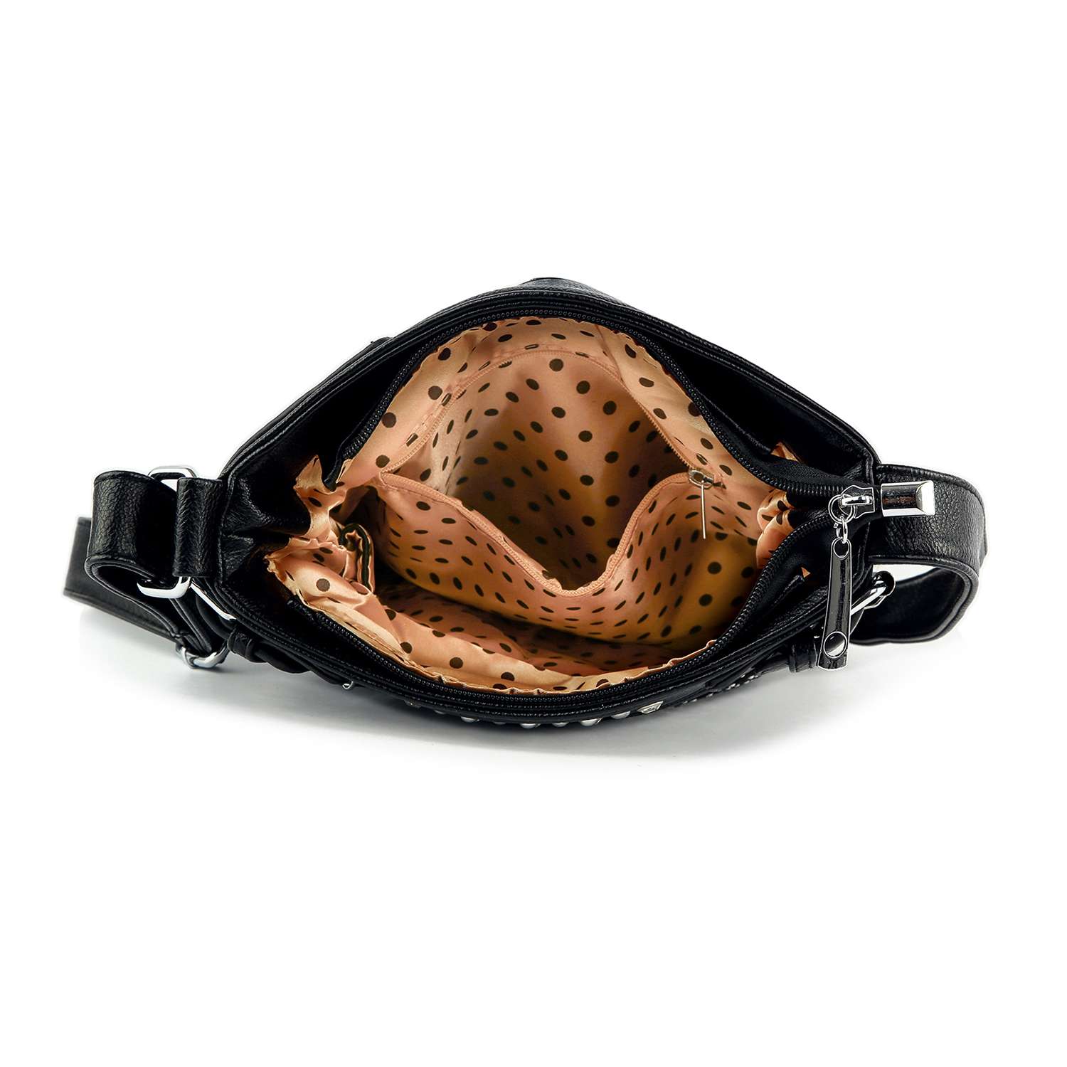 The Wavy Flag Rhinestone Design Crossbody is shown from above, featuring an open black faux leather exterior with a beige interior lining decorated with black polka dots and several compartments and pockets.