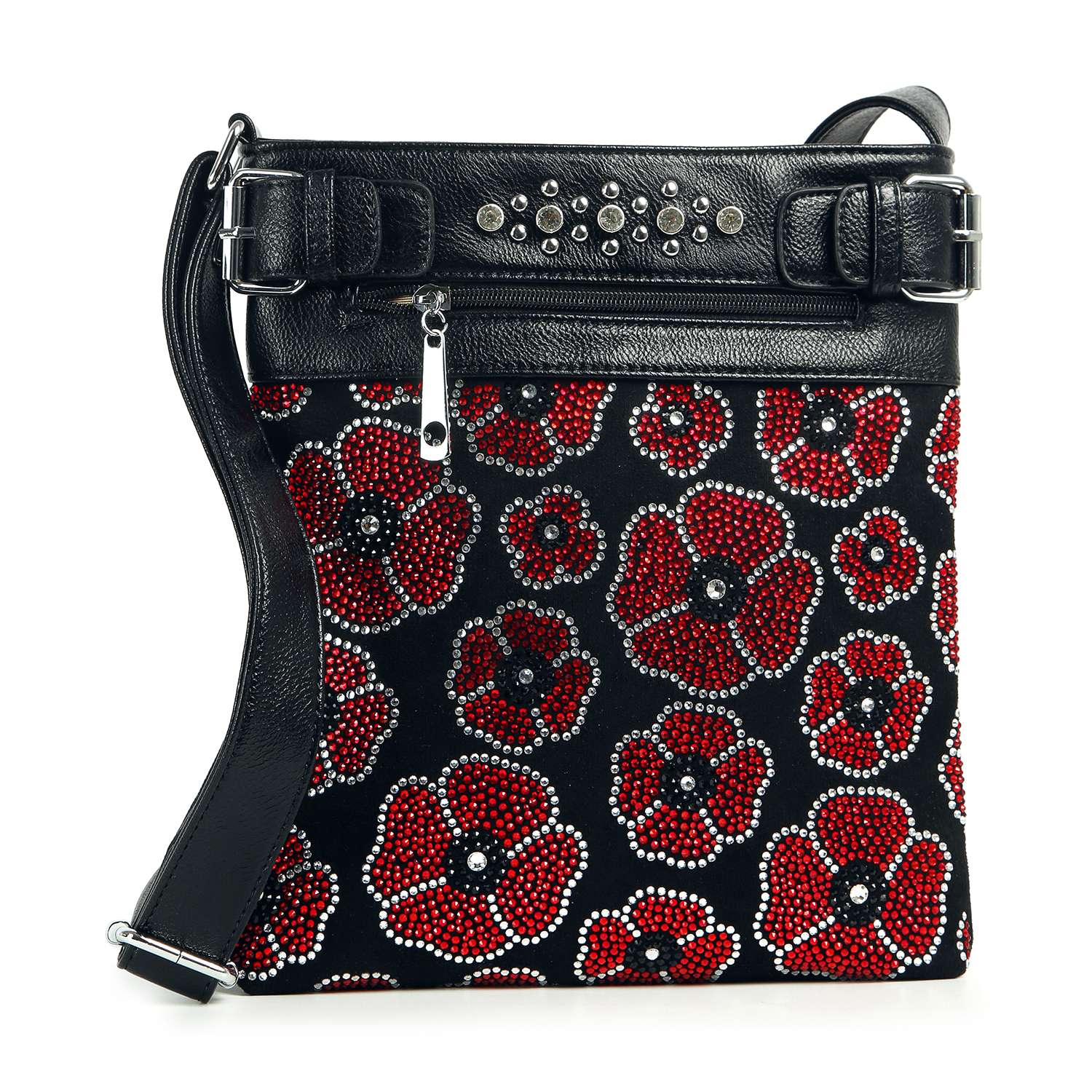 The Rhinestone Poppy Flowers Crossbody Bag features black faux leather, a leather strap, red and white beaded poppy designs, and silver studs on top—perfect for adding a bold touch to any outfit.