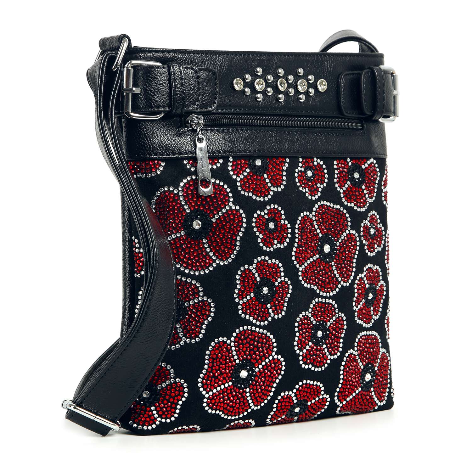 The Rhinestone Poppy Flowers Crossbody Bag features black faux leather, red and white beaded floral accents, silver studs, a front zipper pocket, and an adjustable black strap with metal hardware for both style and function.