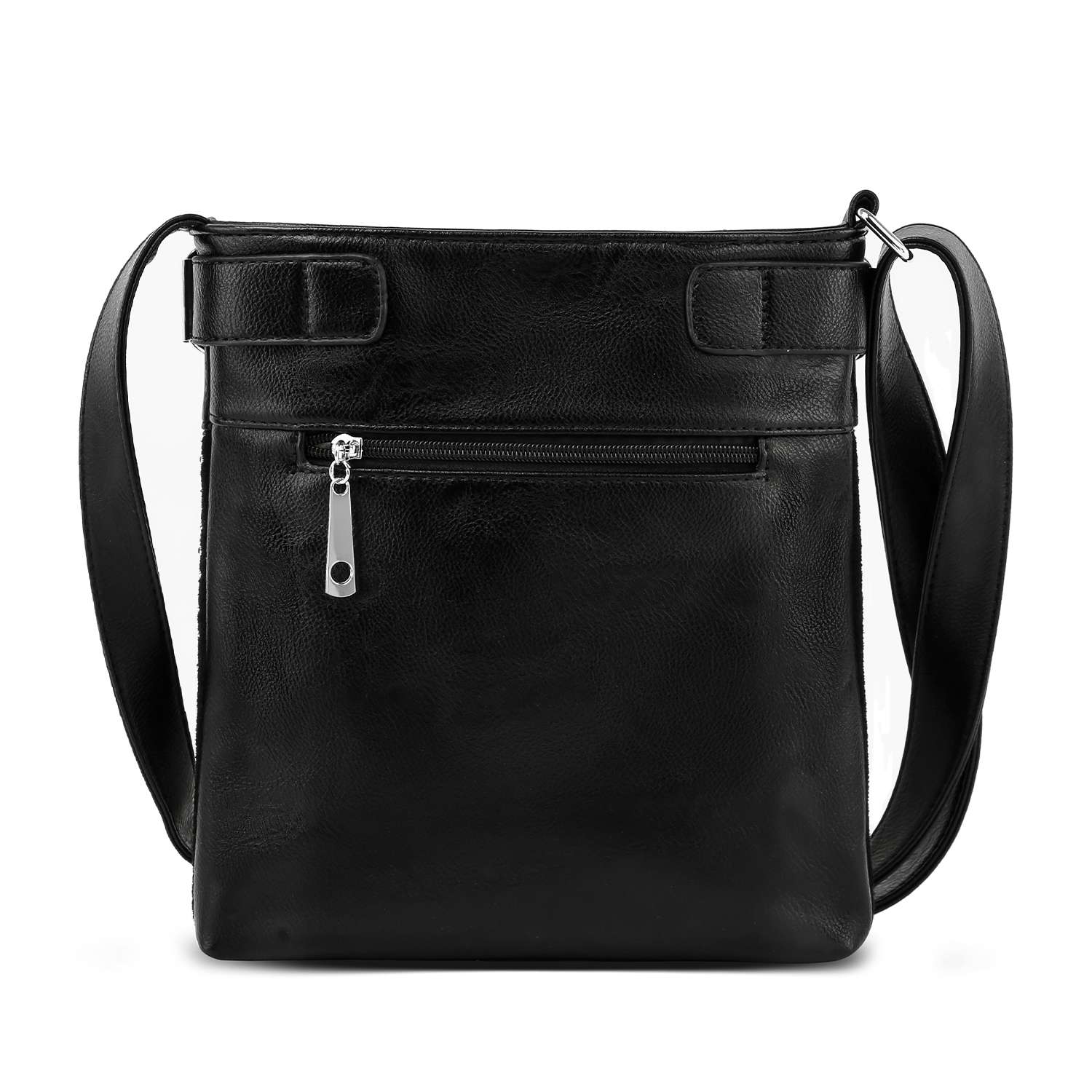 The Rhinestone Poppy Flowers Crossbody Bag features a sleek black faux leather design, long adjustable strap, front zip pocket with silver pull, and rhinestone poppy accents—perfect as your everyday statement purse.