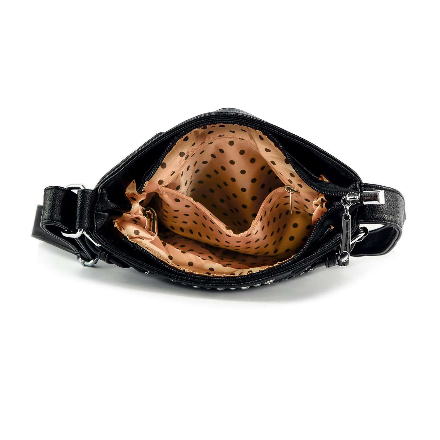 The Rhinestone Poppy Flowers Crossbody Bag features black faux leather, a top zipper, beige polka dot lining, inner pockets, and a stylish design—perfect for any occasion.