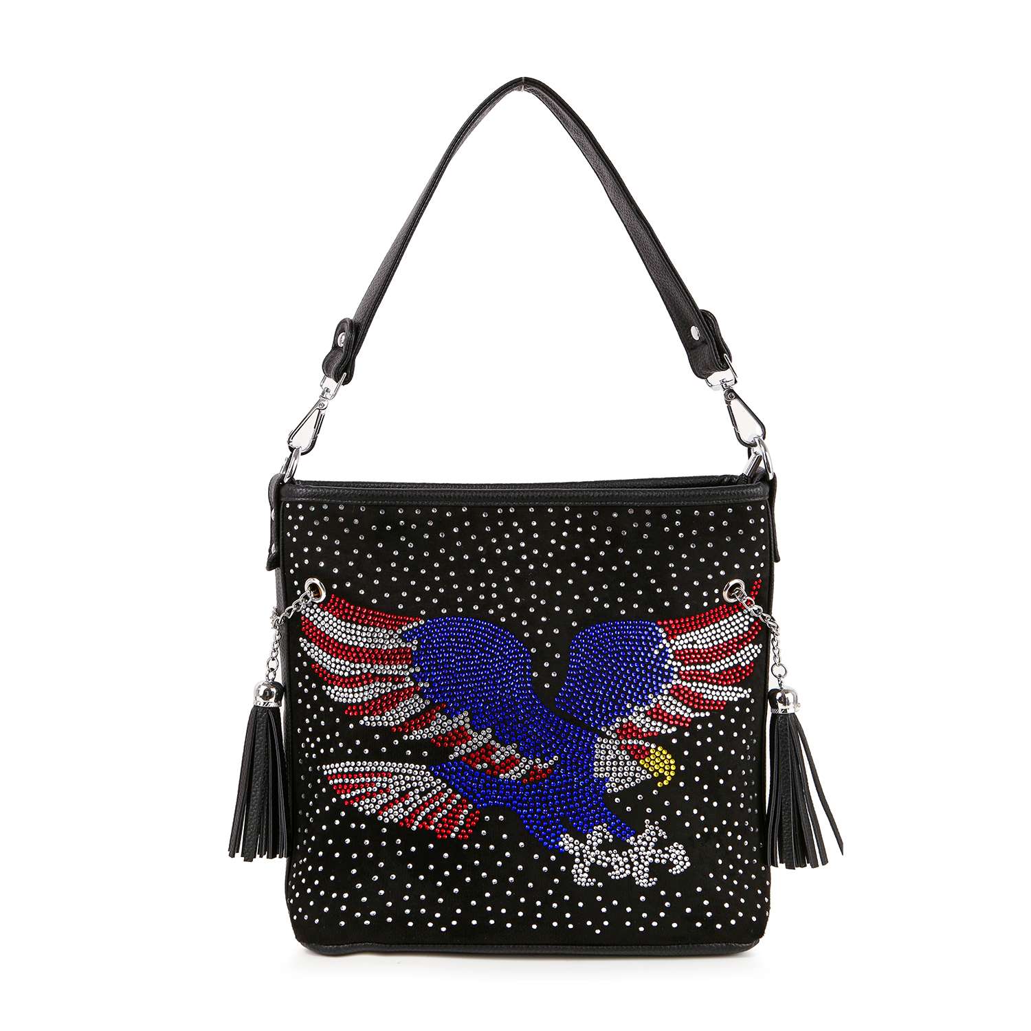 The Patriotic Eagle Hobo Crossbody Bag features black faux leather, a blue, red, white, and yellow rhinestone eagle, white rhinestone studs, two black tassels, and a single black shoulder strap.