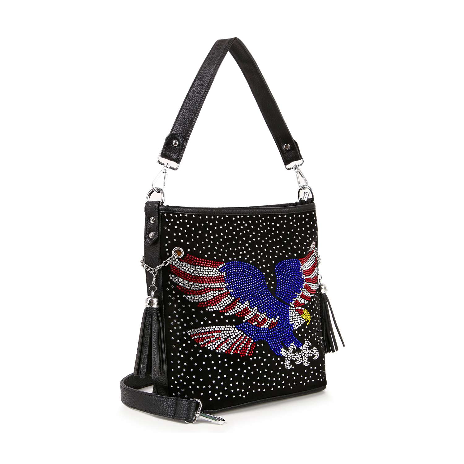 The Patriotic Eagle Hobo Crossbody Bag is a black faux leather bag with silver studs, a rhinestone eagle with outstretched wings, detachable strap, silver hardware, and two black tassels on the sides.
