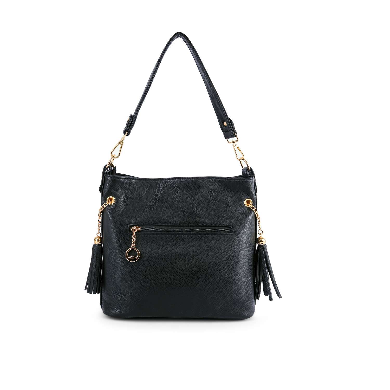 The Patriotic Eagle Hobo Crossbody Bag is a black faux leather bag with a shoulder strap, front zipper pocket, gold-tone hardware, and two decorative tassels on the sides.