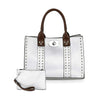 The Accessorized Twist-Lock Handbag is a silver faux leather tote with brown handles, studded vertical accents, and comes with a matching silver wristlet pouch featuring a brown strap.