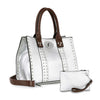 The Accessorized Twist-Lock Handbag features a silver faux leather design with brown handles and trim, an adjustable shoulder strap, top clasp closure, and comes with a matching silver wristlet.
