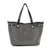 The Buckle Accented Sparkling Tote Handbag features black faux leather, two shoulder straps, silver stud grid detailing, and square metallic accents by the handles. Stylish and tablet compatible—perfect for carrying your daily essentials.