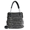 The Stunning Rhinestone Shoulder Bag is a black faux leather shoulder bag featuring silver studs, dual black handles with silver chain accents, and a detachable shoulder strap, shown on a white background.