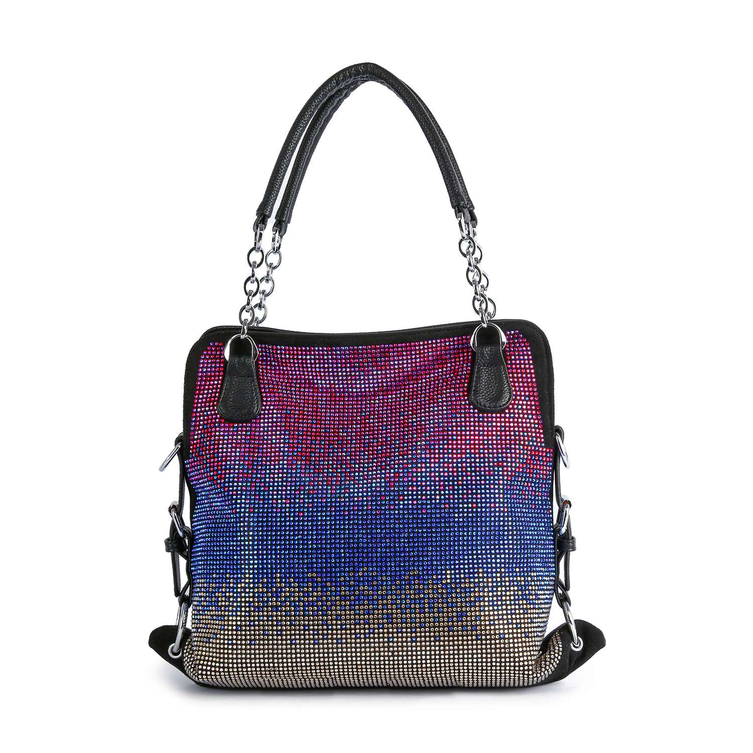The Colorful Ombre Rhinestone Design Fashion Handbag features black handles, red, blue, and gold ombre crystals, side buckles, faux leather material, and a detachable shoulder strap for added style and versatility.