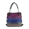 The Colorful Ombre Rhinestone Design Fashion Handbag features black handles, red, blue, and gold ombre crystals, side buckles, faux leather material, and a detachable shoulder strap for added style and versatility.