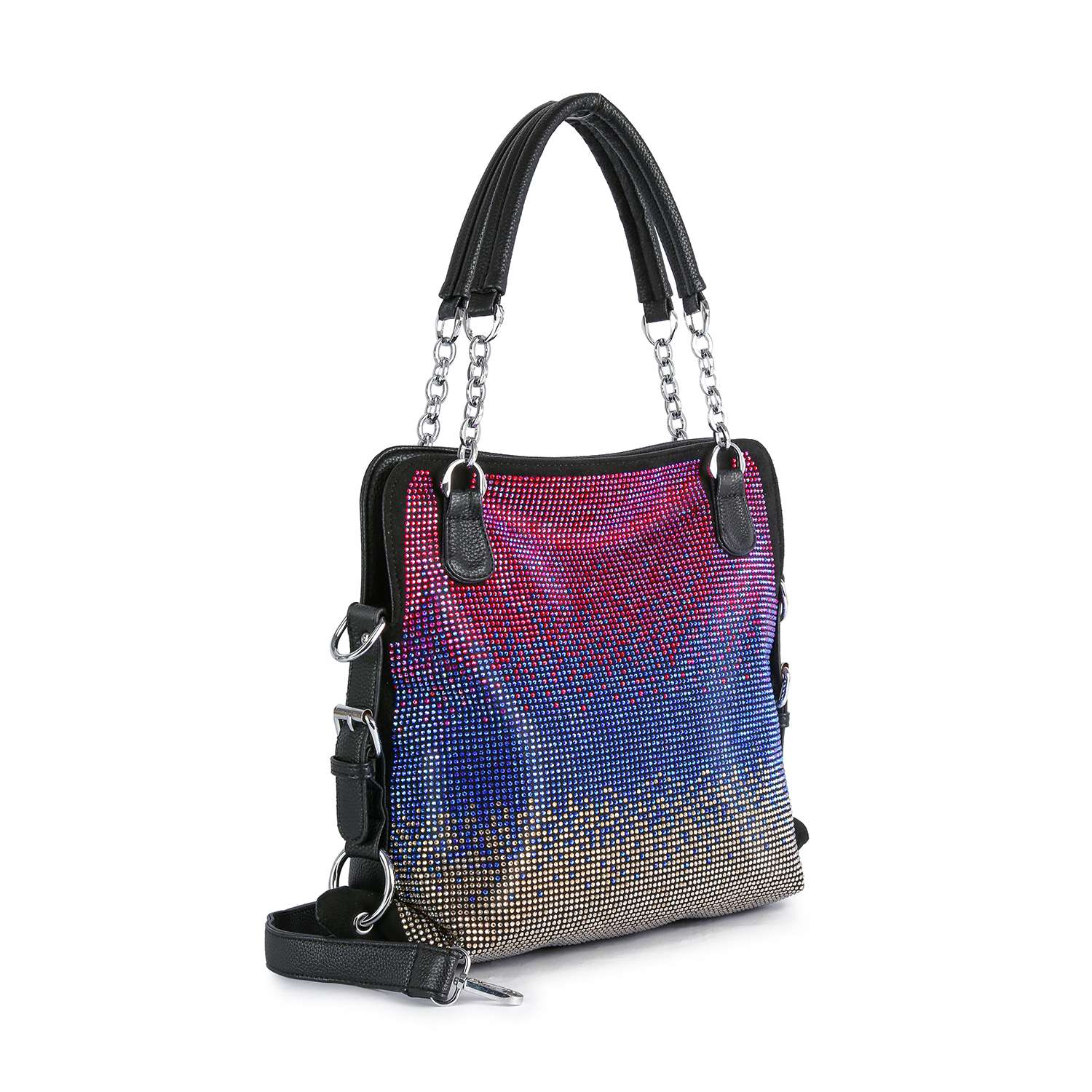 The Colorful Ombre Rhinestone Design Fashion Handbag features black faux leather handles, chain accents, a vibrant crystals-inspired ombre gradient in pink, purple, blue, and gold tones, plus a detachable black shoulder strap.