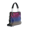 The Colorful Ombre Rhinestone Design Fashion Handbag features black faux leather handles, chain accents, a vibrant crystals-inspired ombre gradient in pink, purple, blue, and gold tones, plus a detachable black shoulder strap.