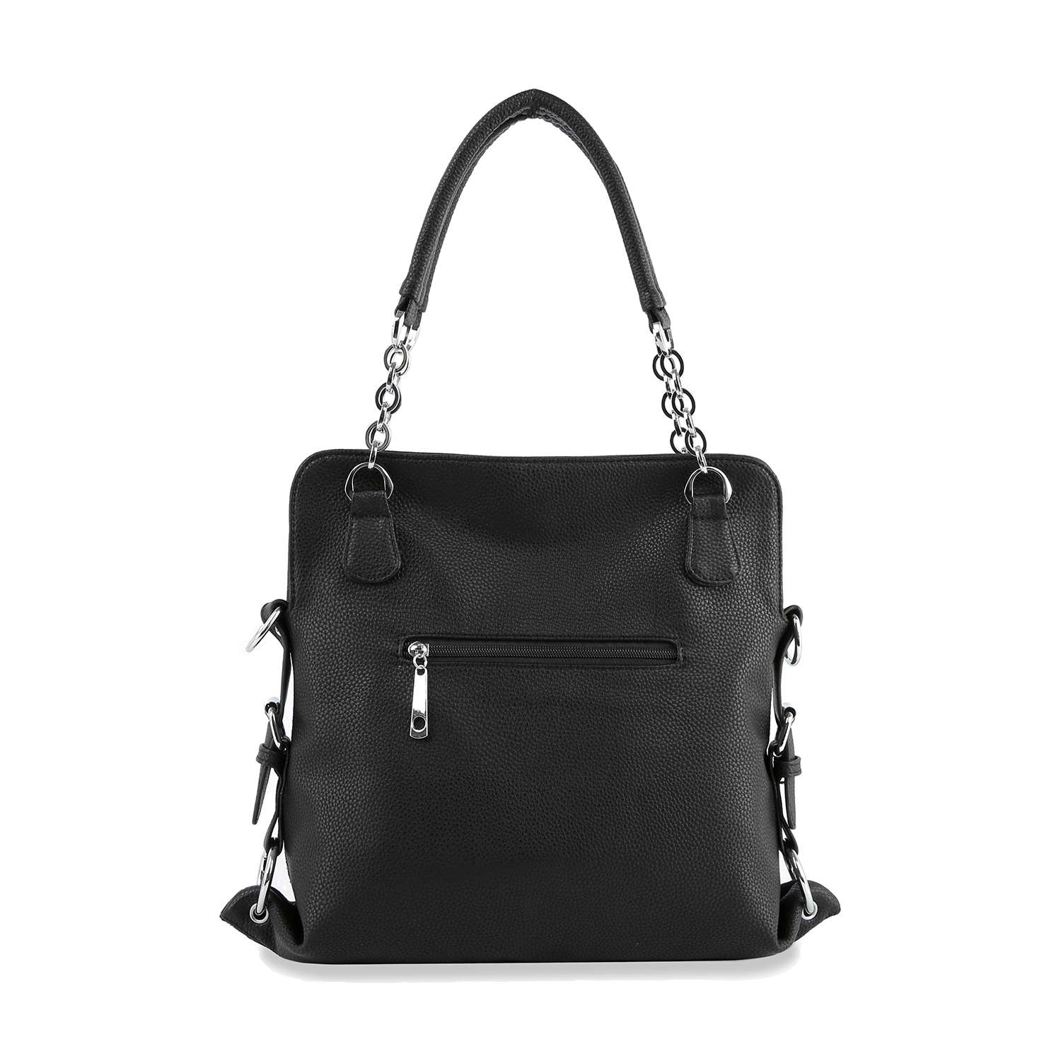 The Colorful Ombre Rhinestone Design Fashion Handbag features a structured rectangular shape, front zippered pocket, two chain-accented handles, side attachments for an optional strap, and sparkling ombre rhinestone detailing.