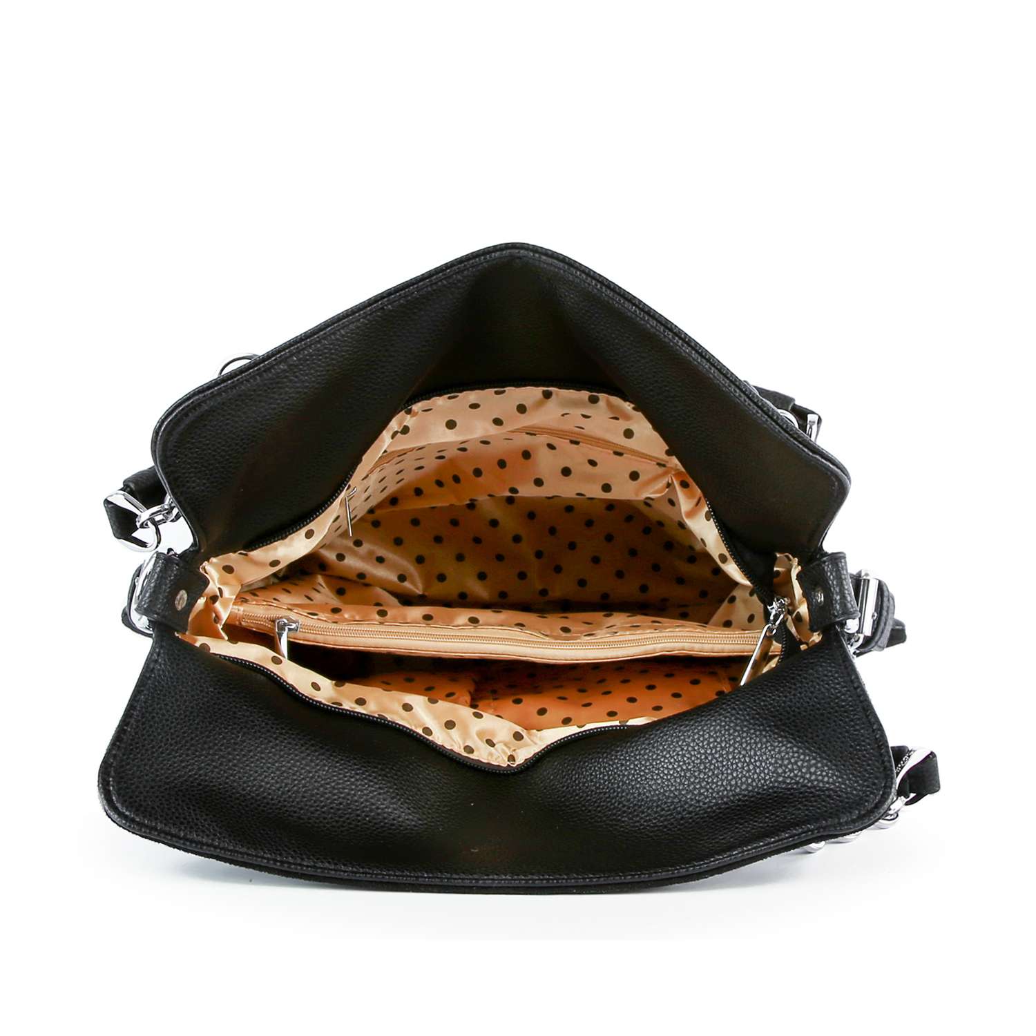 A Colorful Ombre Rhinestone Design Fashion Handbag with its top open, revealing a beige interior lining adorned with black polka dots and multiple compartments, including a zippered pocket.