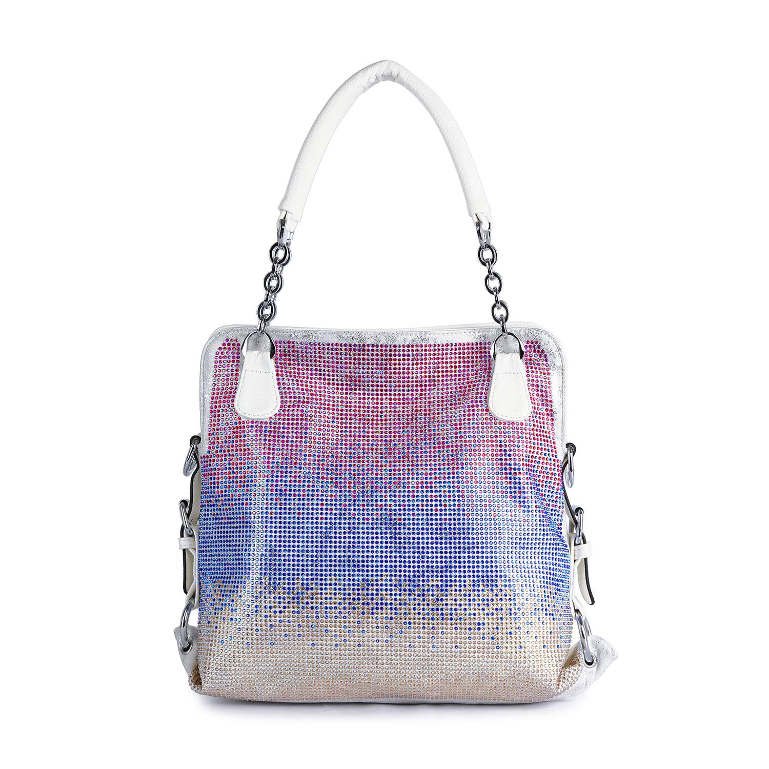 The Colorful Ombre Rhinestone Design Fashion Handbag features a square shape, pink, purple, blue, and gold crystal mesh exterior, white faux leather handle, and silver hardware accents.