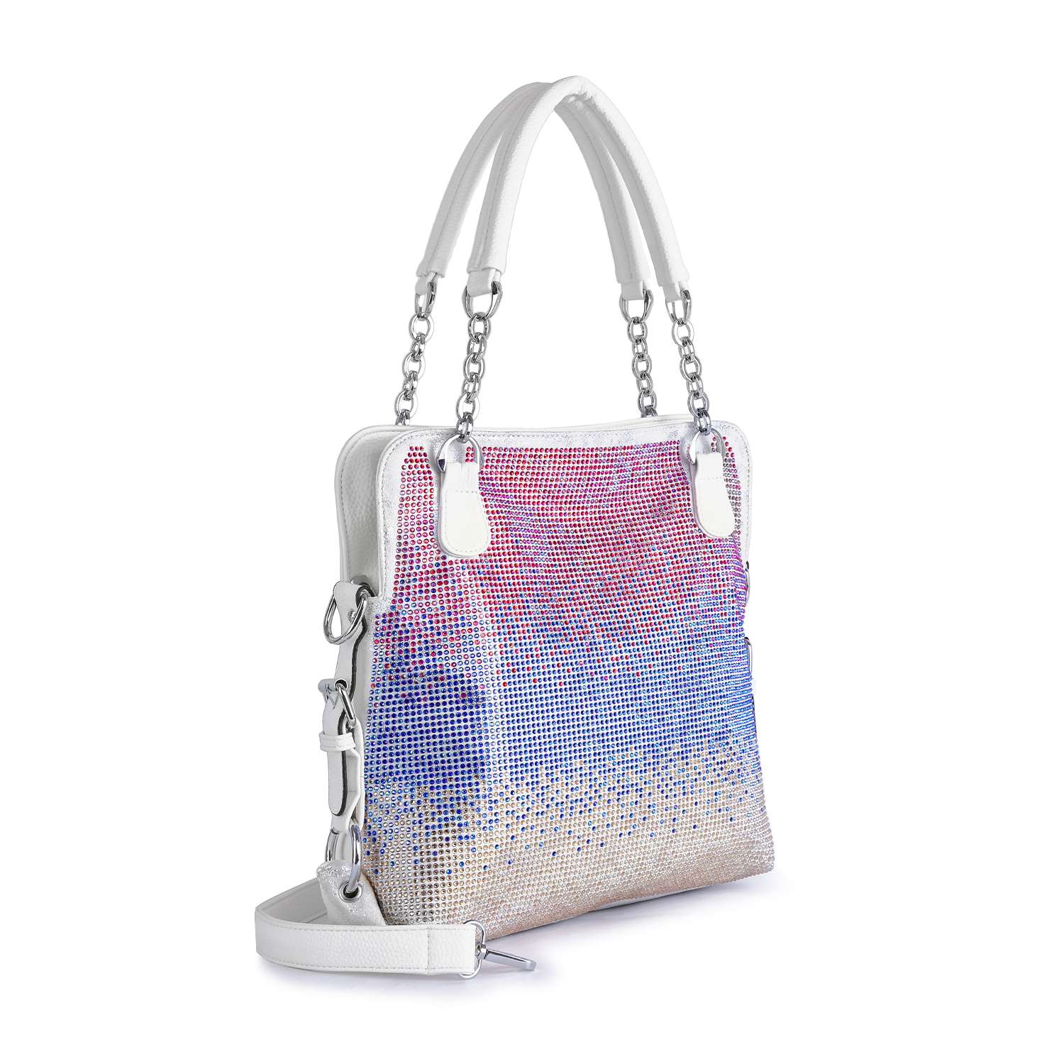 The Colorful Ombre Rhinestone Design Fashion Handbag features a shimmering pink, purple, and blue gradient with white handles, hardware, and an adjustable front shoulder strap. Crafted from faux leather for stylish versatility.