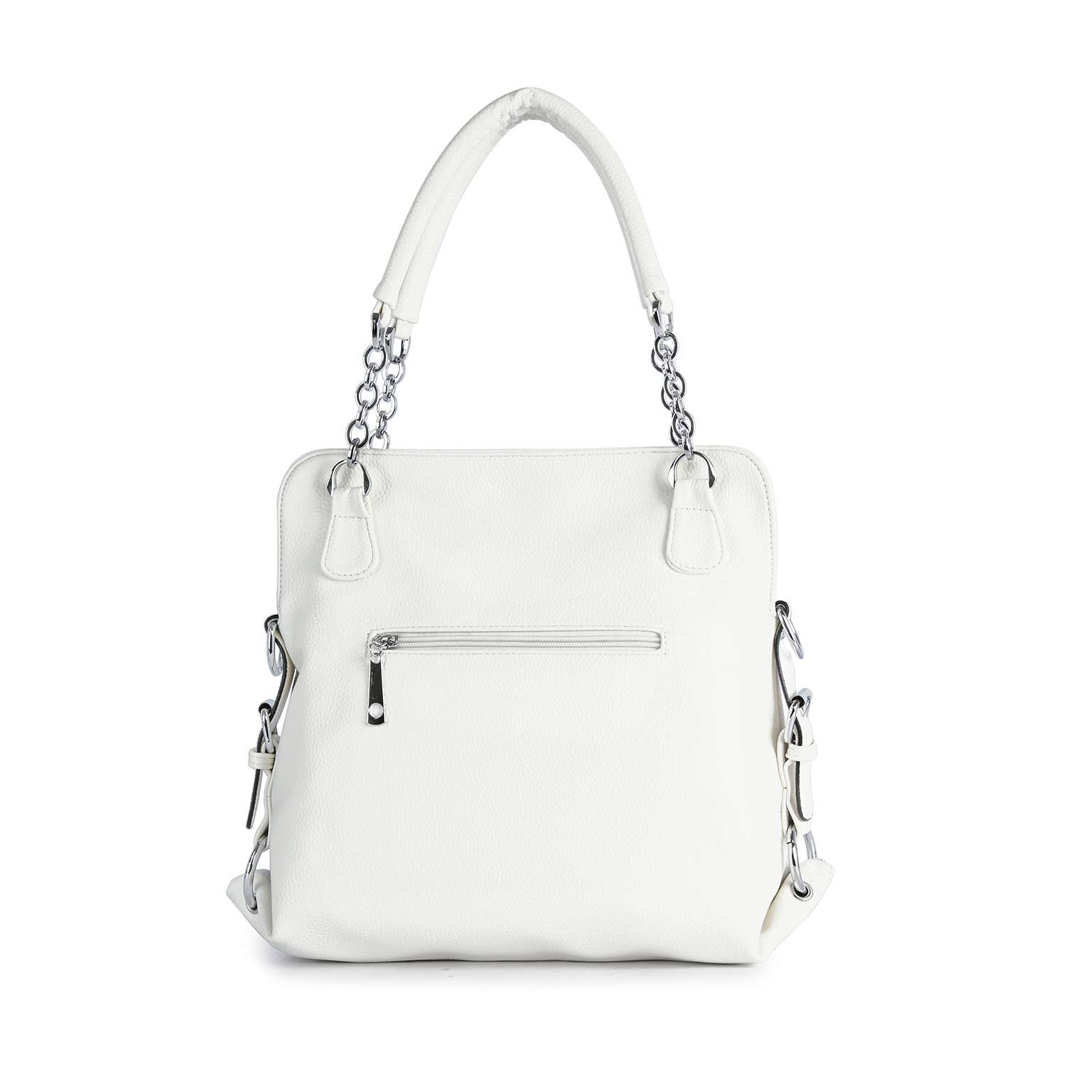The Colorful Ombre Rhinestone Design Fashion Handbag features a top handle with metal chain links, a front zippered pocket, silver hardware, and side attachments for a shoulder strap in a clean, structured design.